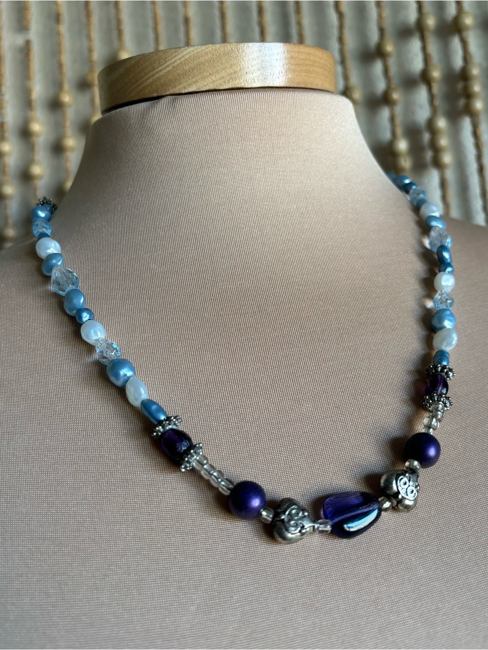 Beaded Blue Purple Crystal Silver Heart Layering Y2K Whimsy Boho Fairy Necklace